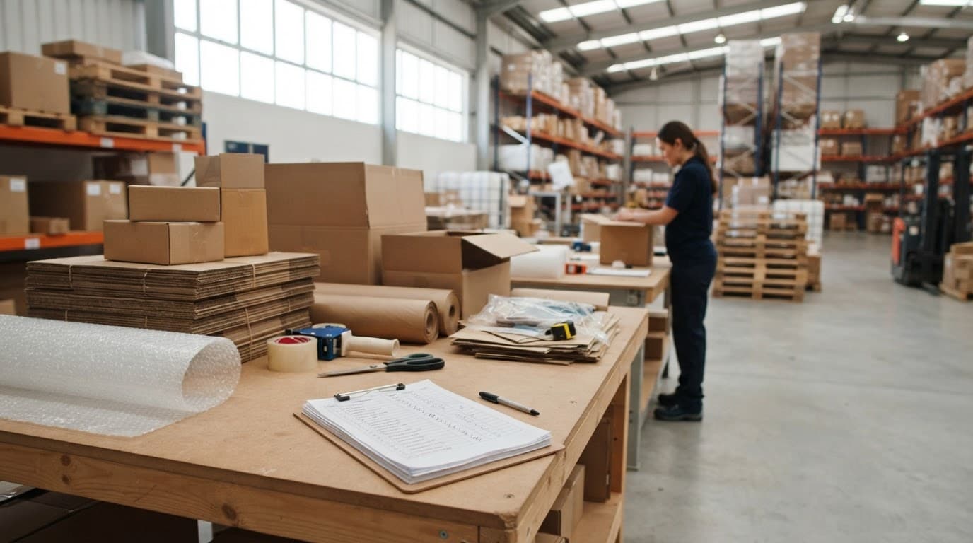 An employee reviews fulfillment costs at a clean packing station.