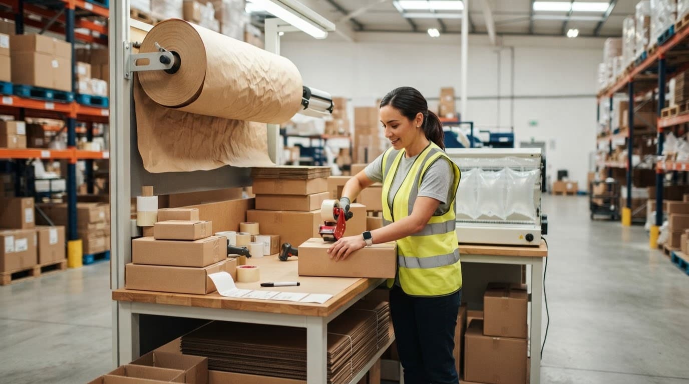 A warehouse worker organizes boxes and packing materials at a bright workstation.