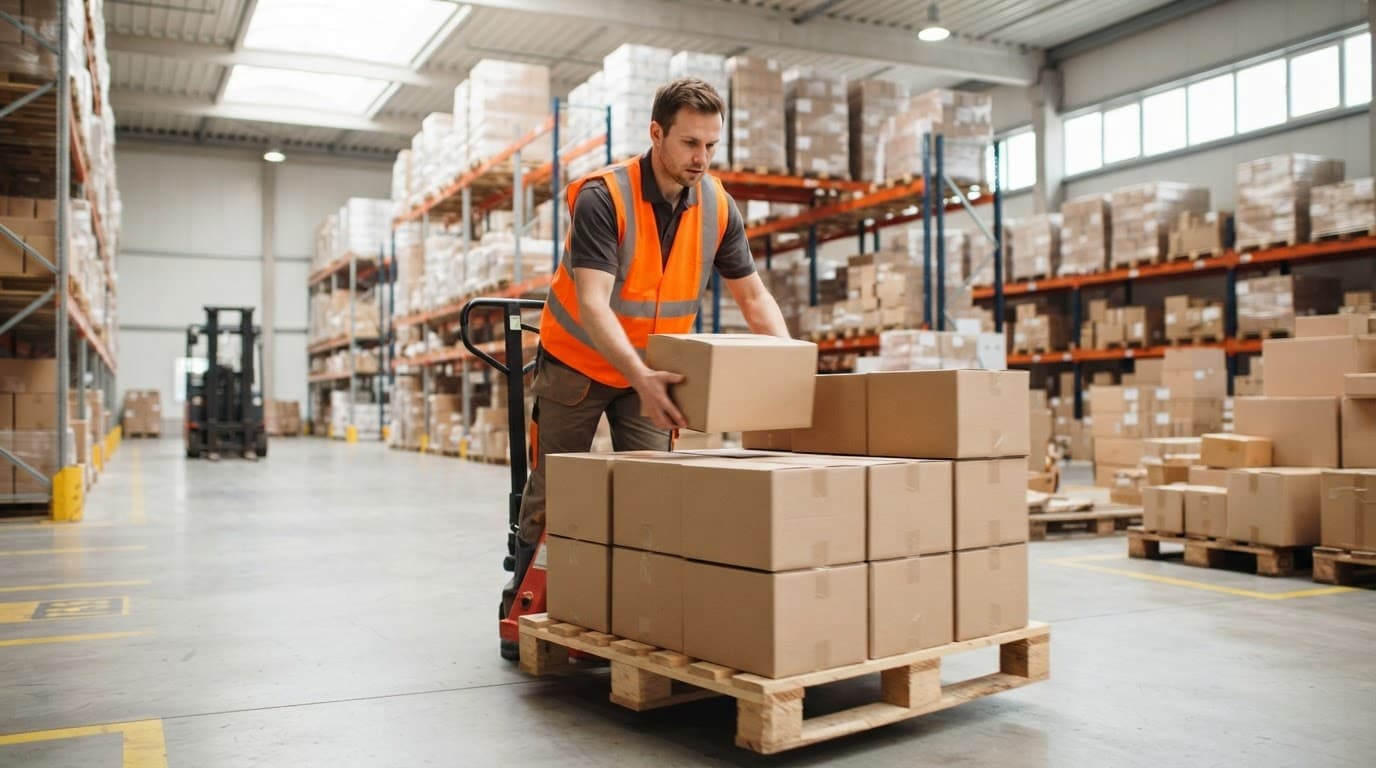 A worker in a safety vest stacks cardboard boxes on a pallet in a bright warehouse.