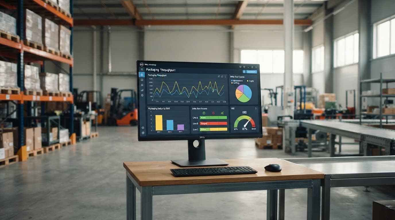 One monitor showing production charts in a softly lit warehouse.
