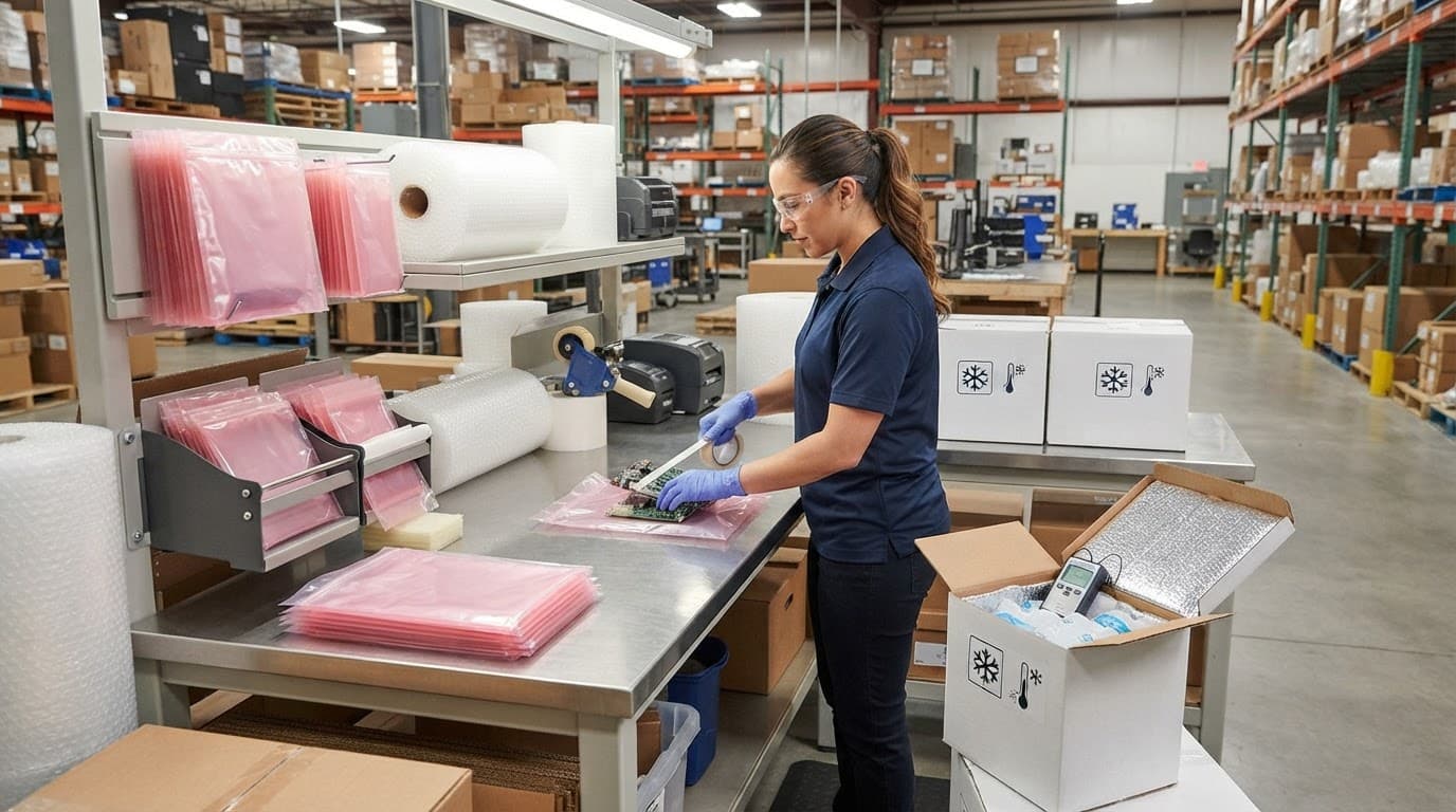A worker organizes anti-static bags and insulated boxes at a clean warehouse station.