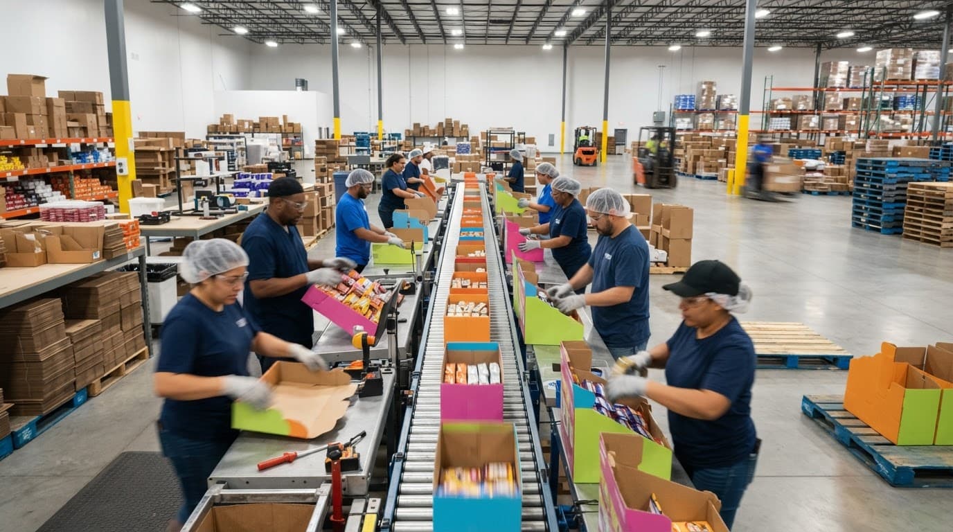 Employees assemble cardboard retail display boxes along a bright warehouse conveyor belt.