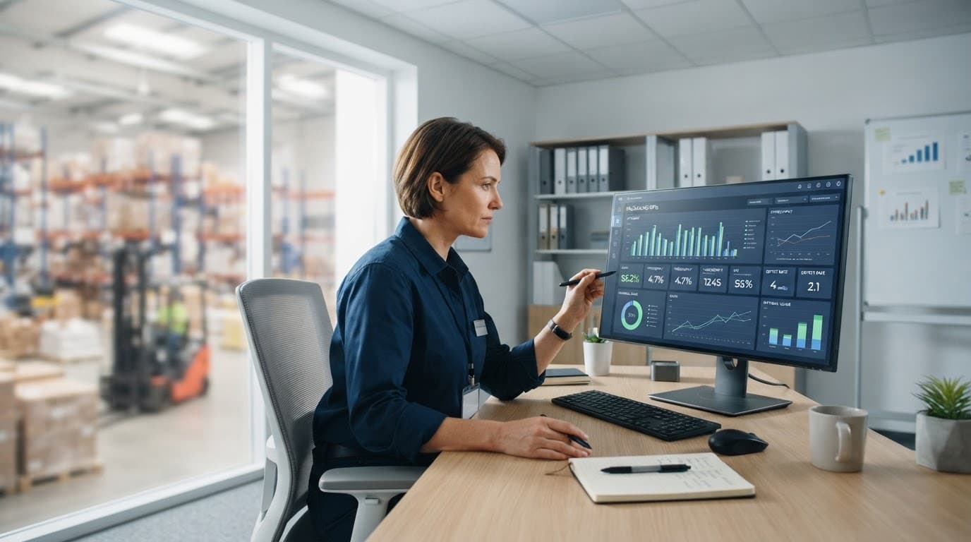 A warehouse supervisor analyzes packaging metrics on a monitor in a bright office.