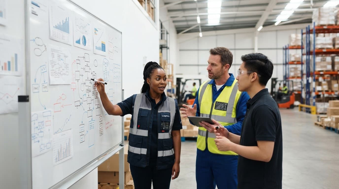 Three warehouse workers reviewing charts on a whiteboard in a bright facility.