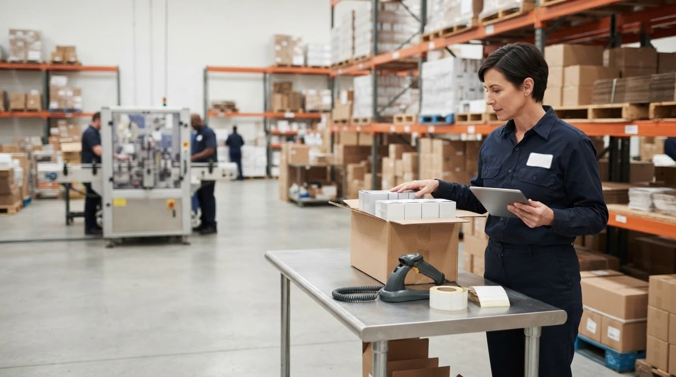Manager reviewing packaged goods beside cartons and a barcode scanner in a clean warehouse.