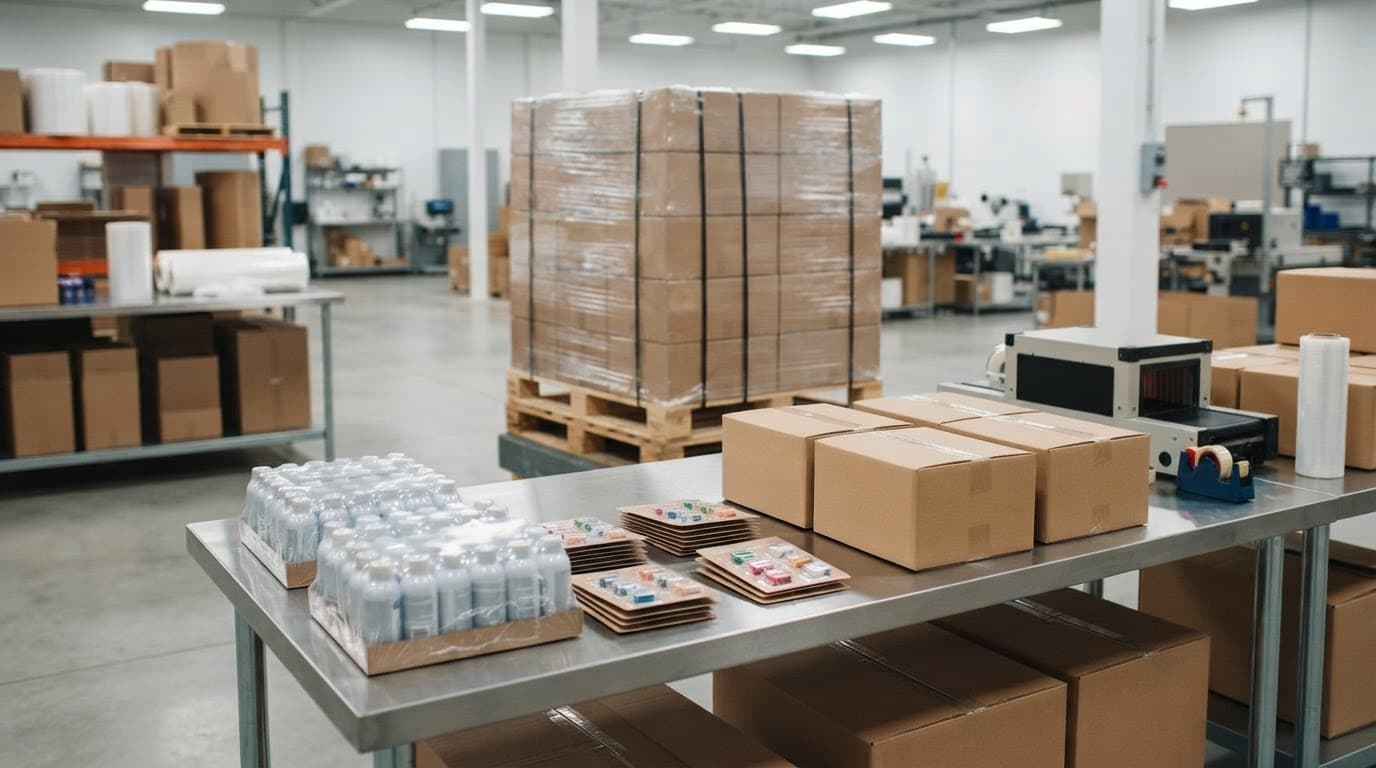 Packaged products and cartons arranged on a worktable beside a finished pallet.