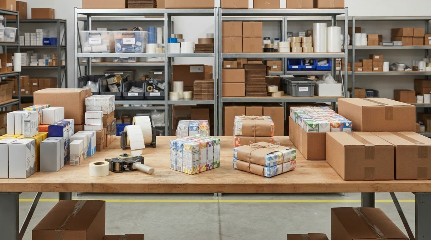 A packaging table with cartons, label rolls, kits, and shipping cases in a clean facility.