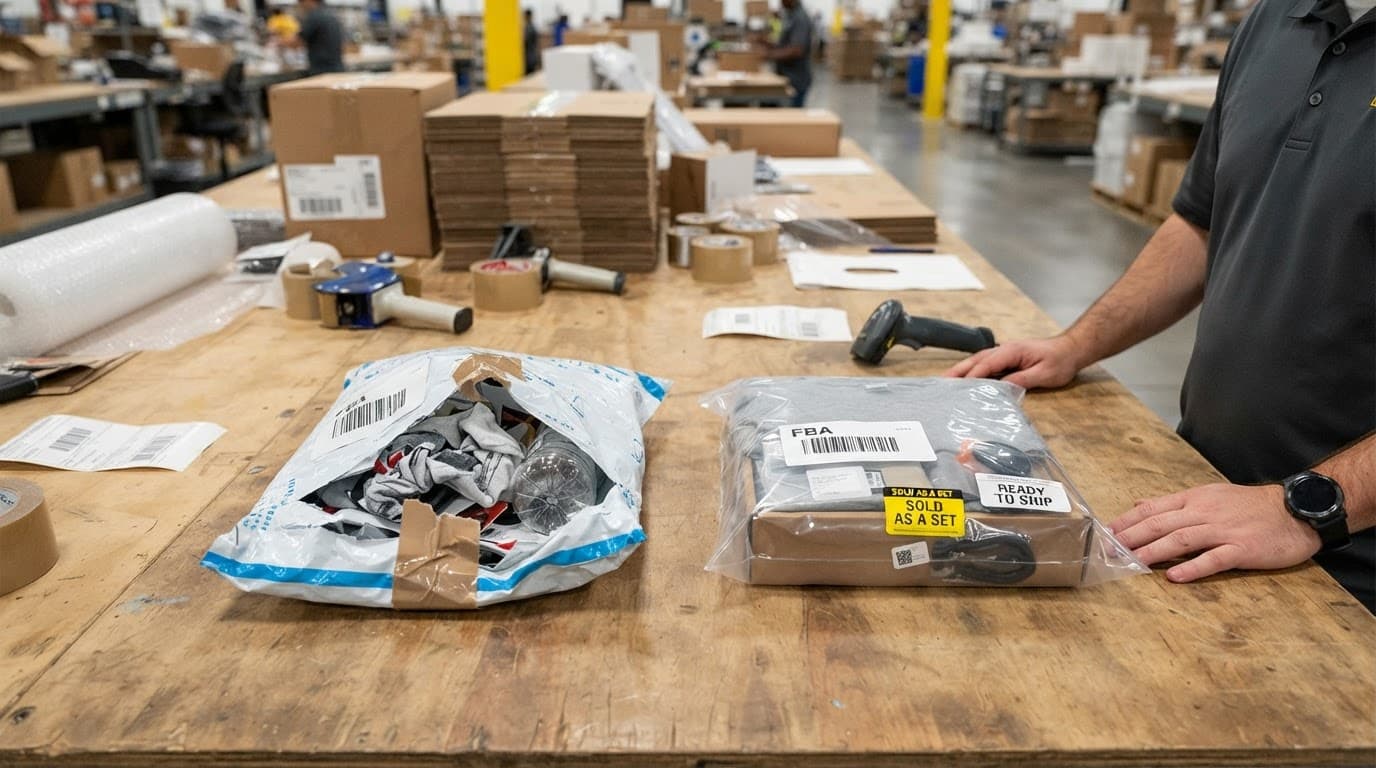 Damaged and correctly sealed subscription kits on a warehouse packing table.