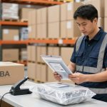 Worker holding a barcode-labeled gadget in a clear bag at a warehouse packing station.
