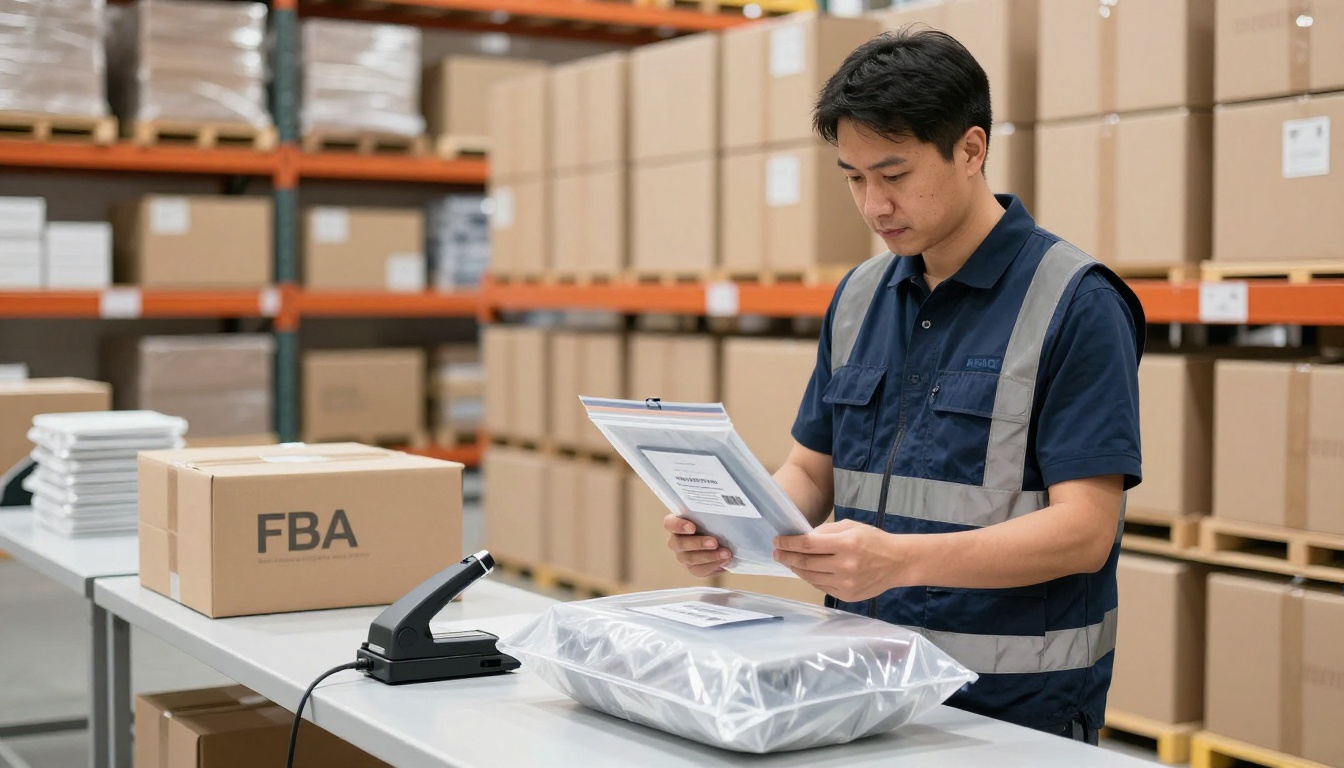 Worker holding a barcode-labeled gadget in a clear bag at a warehouse packing station.