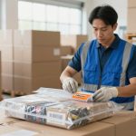 Gloved hands pack a subscription box with an orange barcode label in a bright warehouse.