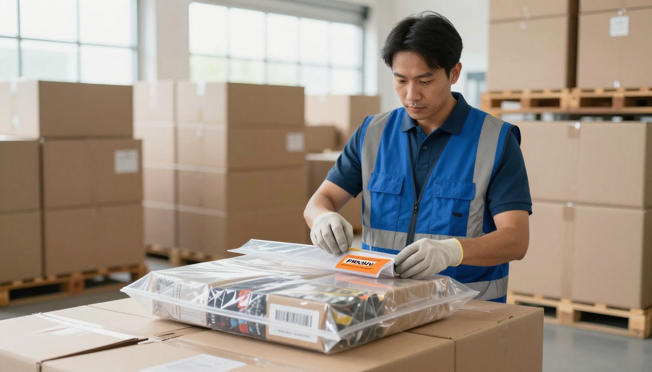 Gloved hands pack a subscription box with an orange barcode label in a bright warehouse.