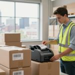 Manager labeling boxes beside a printer in a bright Indianapolis warehouse.