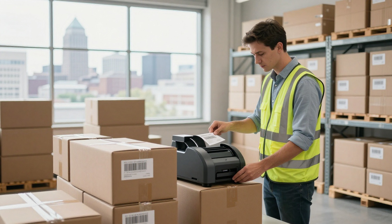 Manager labeling boxes beside a printer in a bright Indianapolis warehouse.