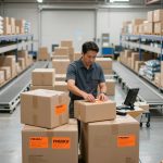 Worker applying an orange FNSKU label to a box in a fulfillment warehouse.