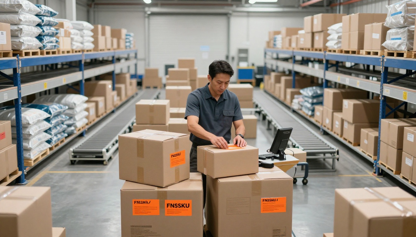 Worker applying an orange FNSKU label to a box in a fulfillment warehouse.