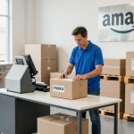 Worker applying an Amazon FNSKU label to a box in an organized warehouse.