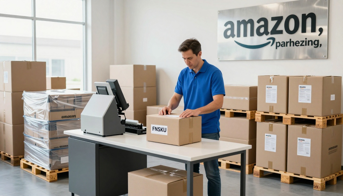 Worker applying an Amazon FNSKU label to a box in an organized warehouse.