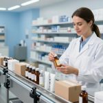 A specialist labels a serum bottle beside a conveyor of beauty packages.