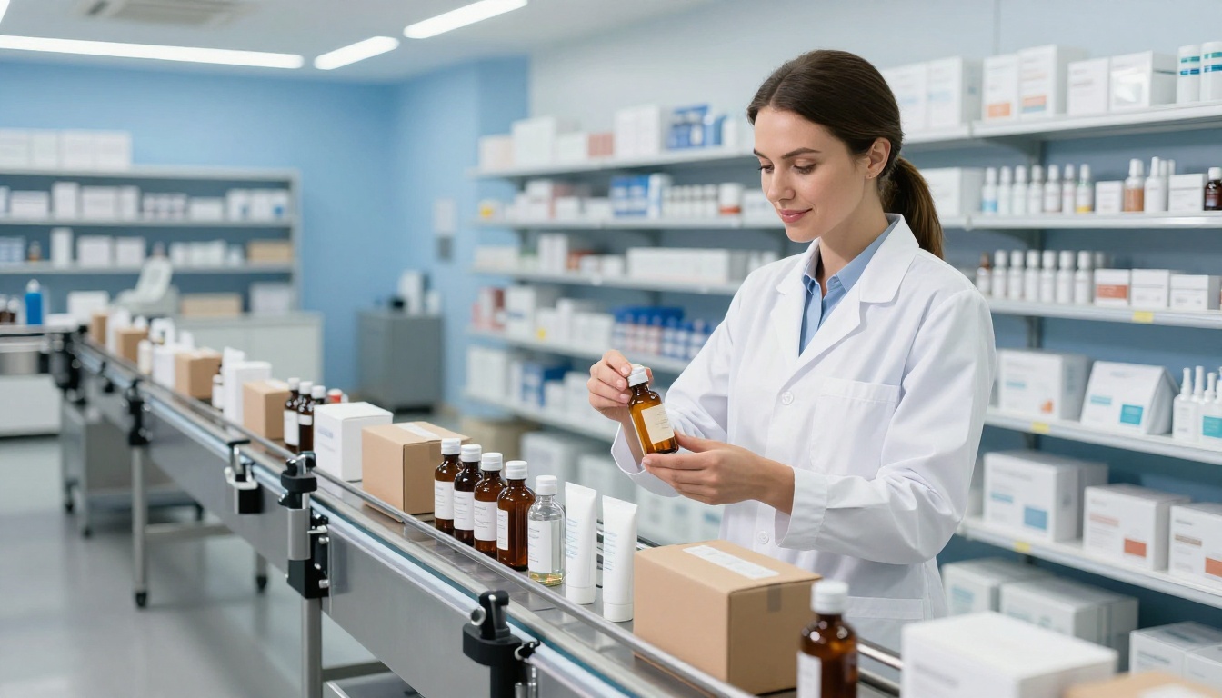 A specialist labels a serum bottle beside a conveyor of beauty packages.