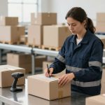 A logistics worker labels a box beside a scanner in a bright warehouse.
