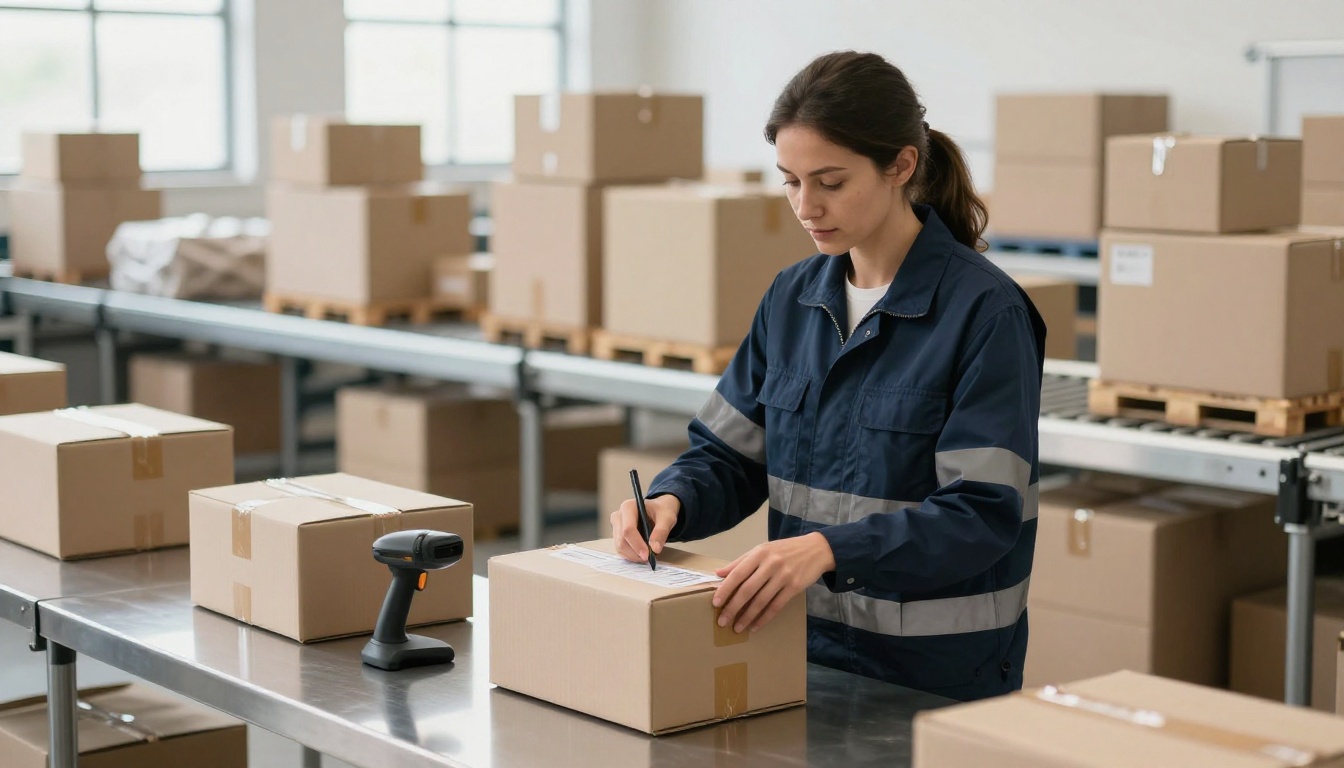 A logistics worker labels a box beside a scanner in a bright warehouse.