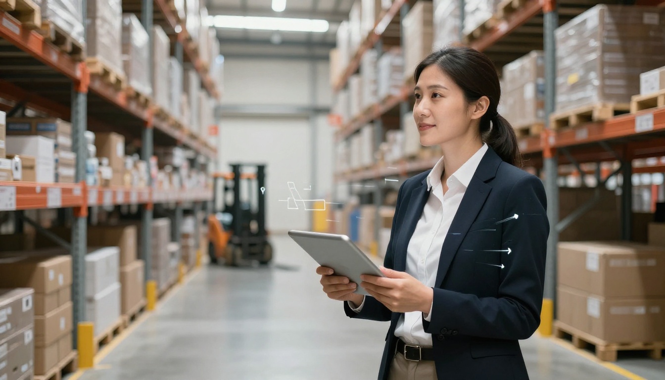 Analyst holding a tablet among organized warehouse shelves and pallets.