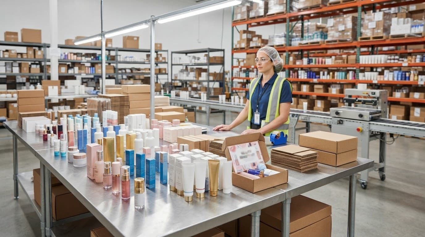 Cosmetic products and subscription boxes arranged on a warehouse packing table.