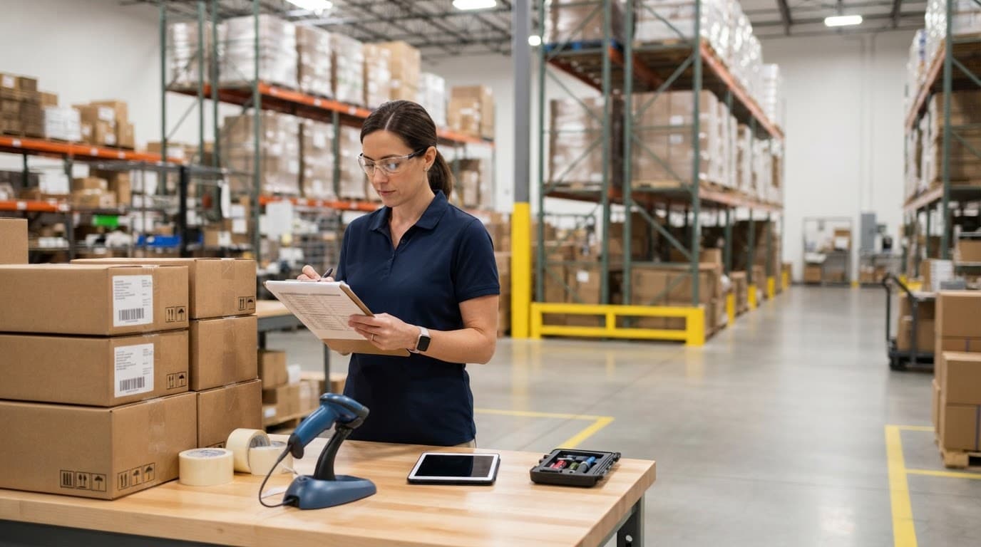 A warehouse manager checks cartons beside a barcode scanner and organized pallet racks.