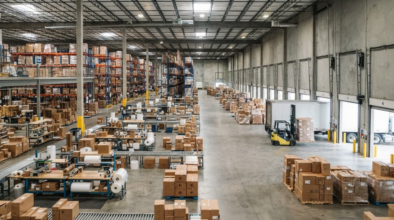 Organized warehouse with pallet racks, packing stations, cartons, and pallets by a loading dock.