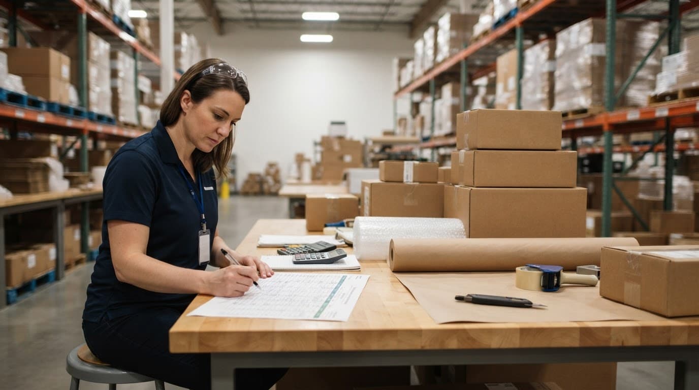 An analyst reviews a worksheet beside shipping cartons and packing supplies in a bright warehouse.