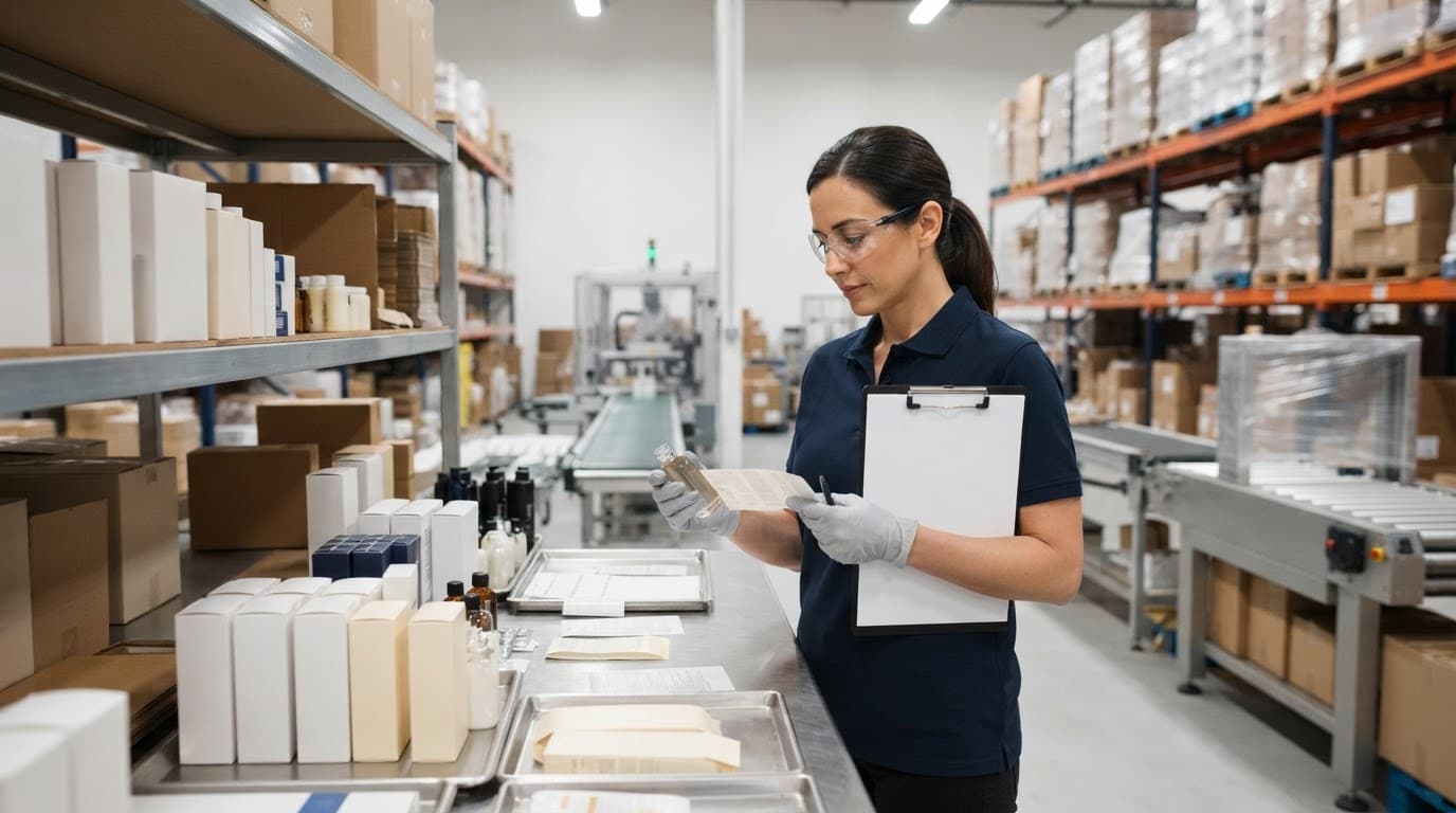 A specialist checks beauty product packaging beside cartons and warehouse equipment.