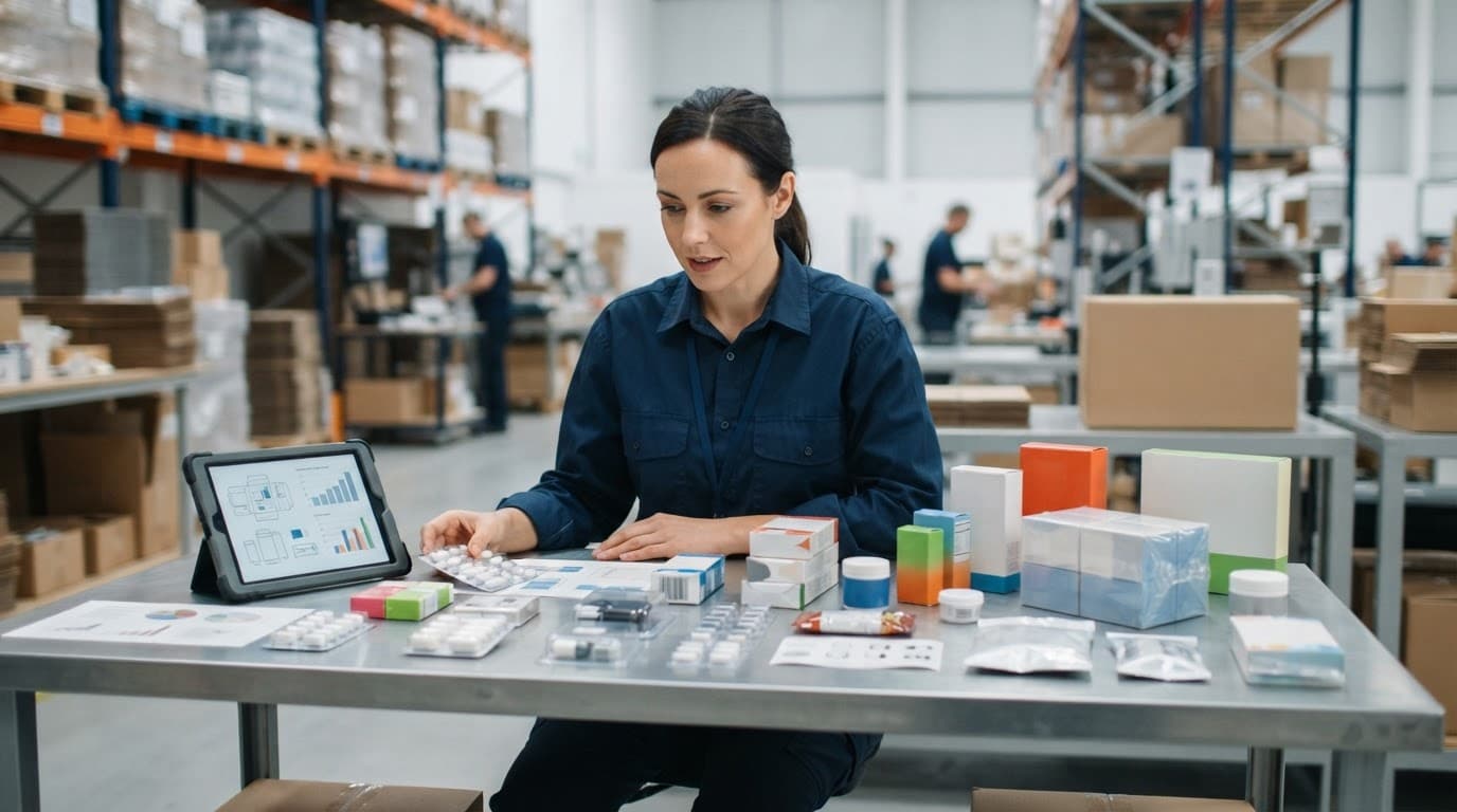 A warehouse worker reviews packaging samples beside a tablet.