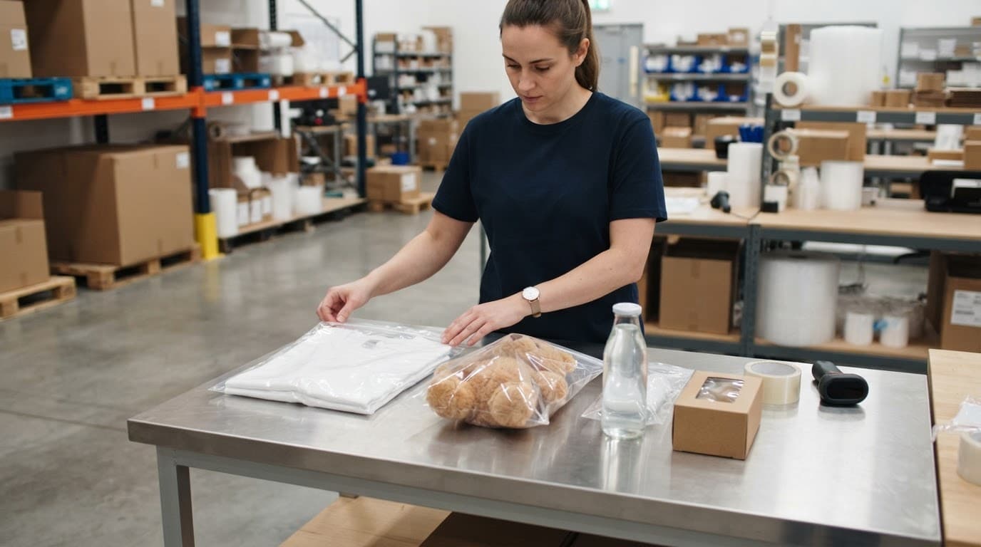 Worker inspects poly-bagged clothing, a toy, bottle, and boxed accessory at a warehouse table.