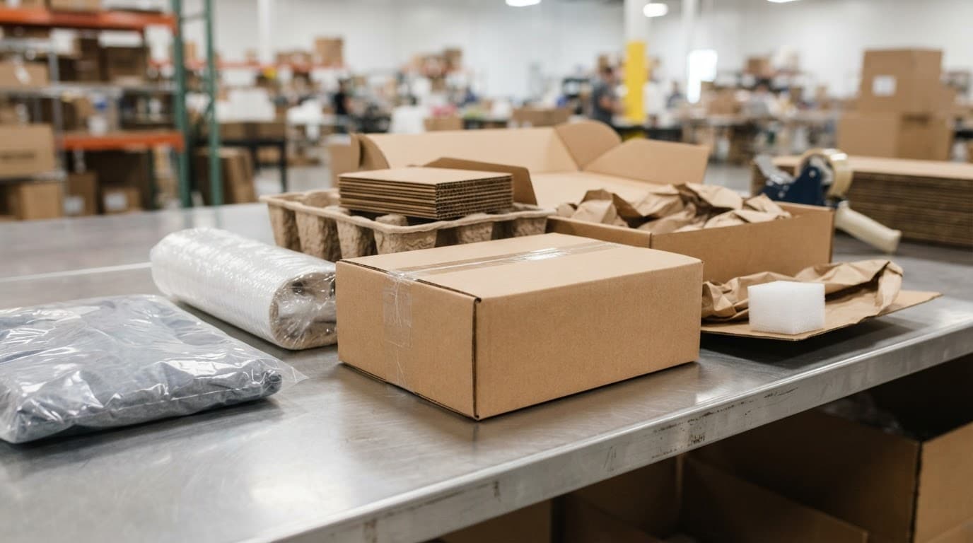 A subscription box surrounded by protective packaging materials on a workstation.
