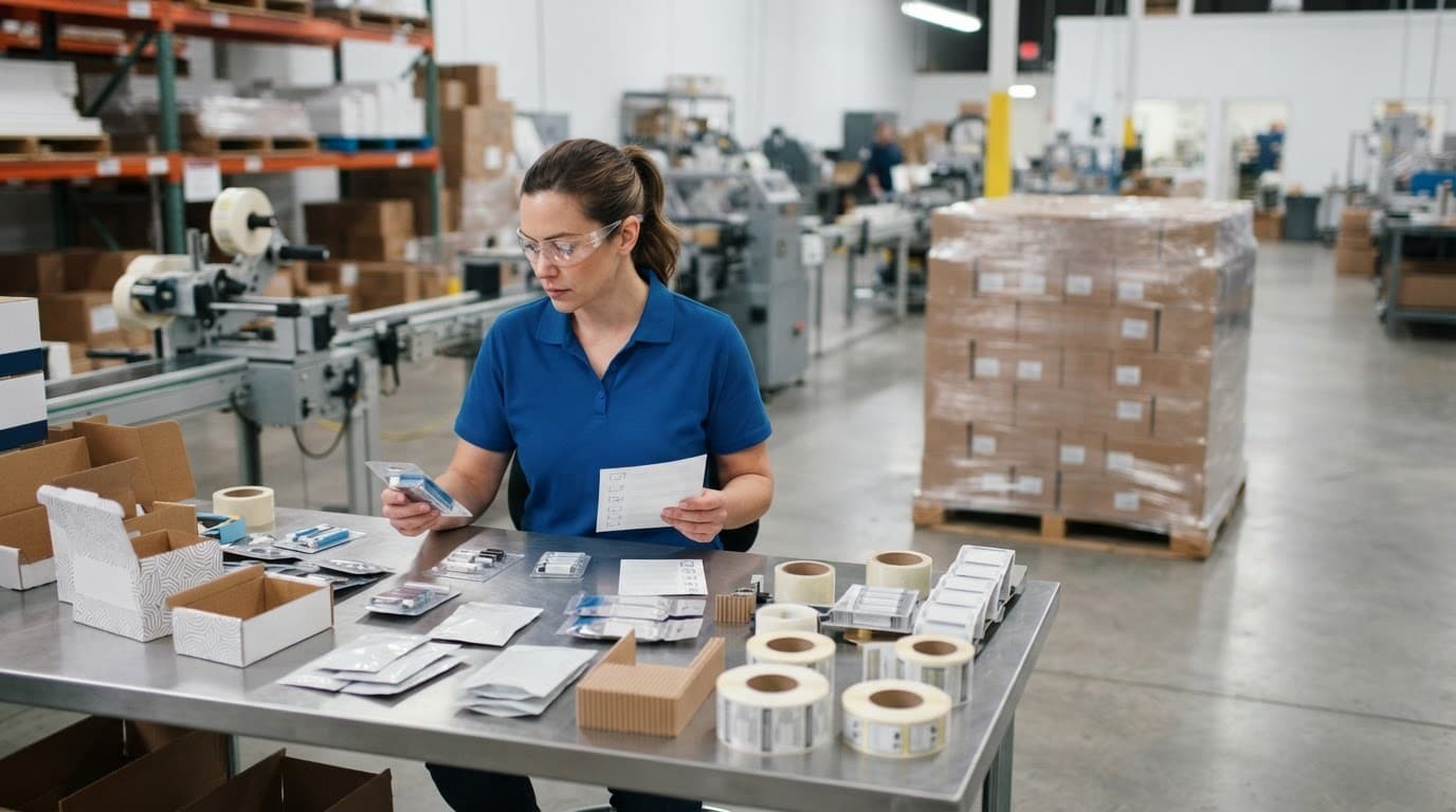 A worker reviews varied packages beside a pallet of uniform cartons.