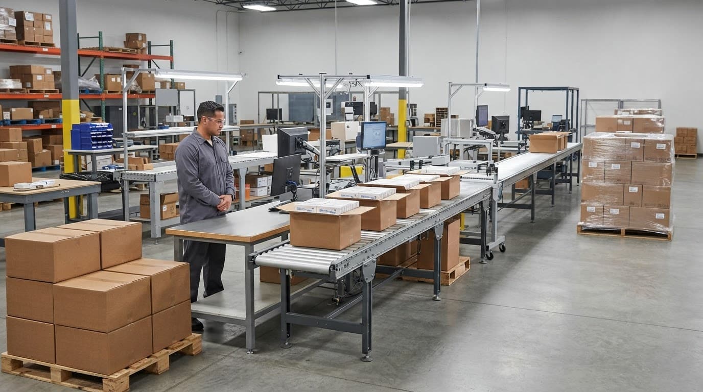 One worker oversees cartons, retail kits, and pallets along a clean packaging line.