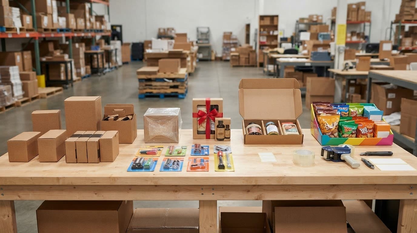 Workbench showing boxes, cartons, shrink-wrapped products, blister packs, trays, and a bundled kit.