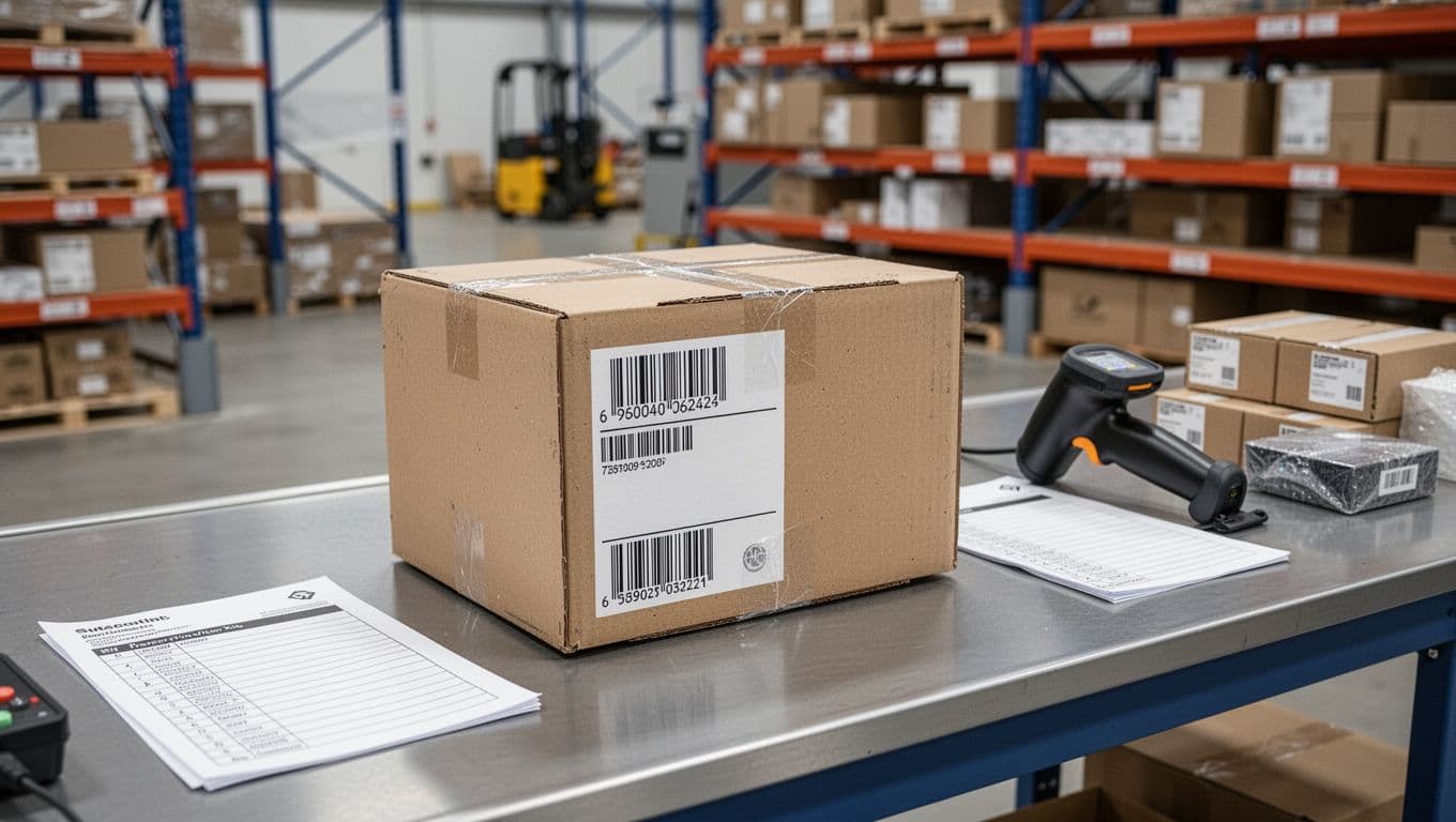 A sealed subscription box on a warehouse workstation with papers, scanner, and kit components nearby.
