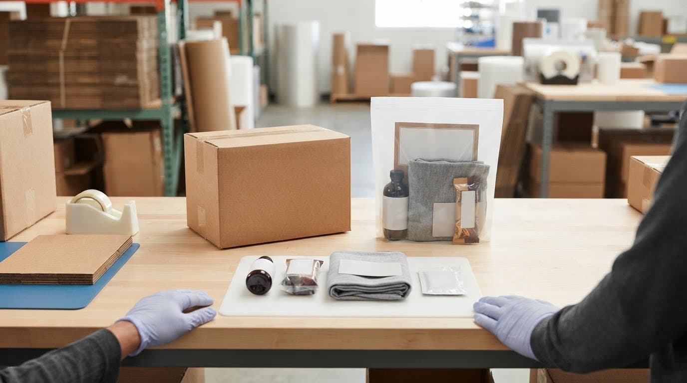 A sealed box, finished kit, loose parts, and worker's hands on a packing table.