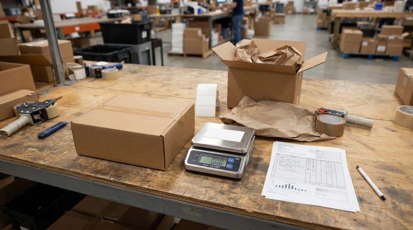 A finished subscription kit beside packing supplies, a scale, carton, and worksheet.