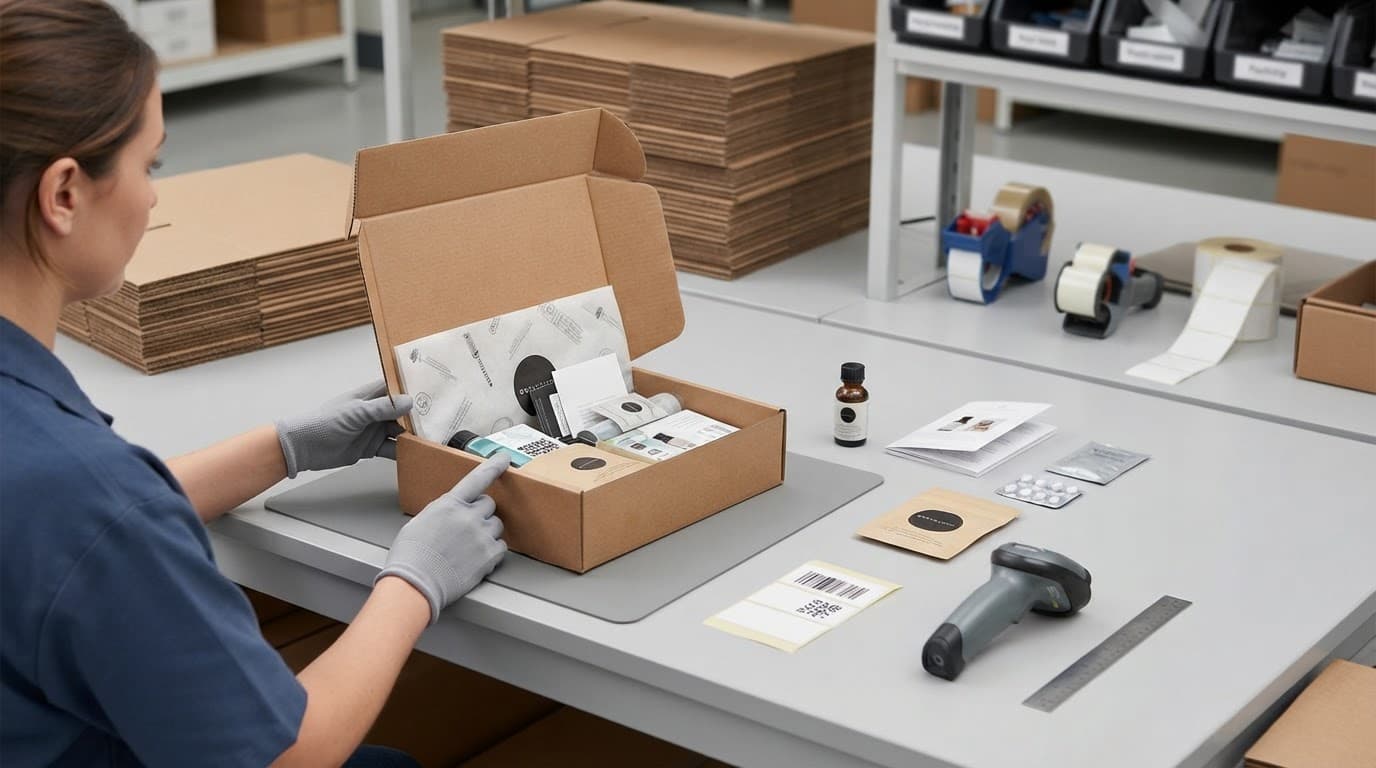A finished product kit sits beside samples, cartons, tools, and a barcode label.