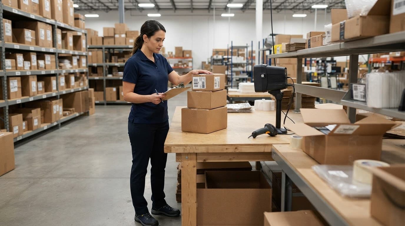 Manager checking cartons beside a barcode scanner and clipboard in a warehouse.