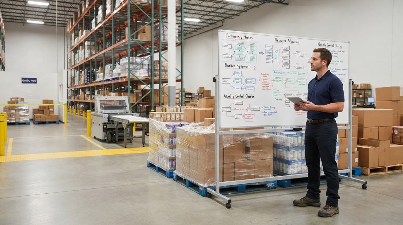 Manager reviews a continuity board beside cartons and warehouse backup equipment.