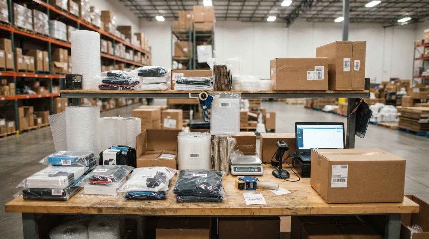 Warehouse table with packaged products, packing materials, and a finished shipping carton.
