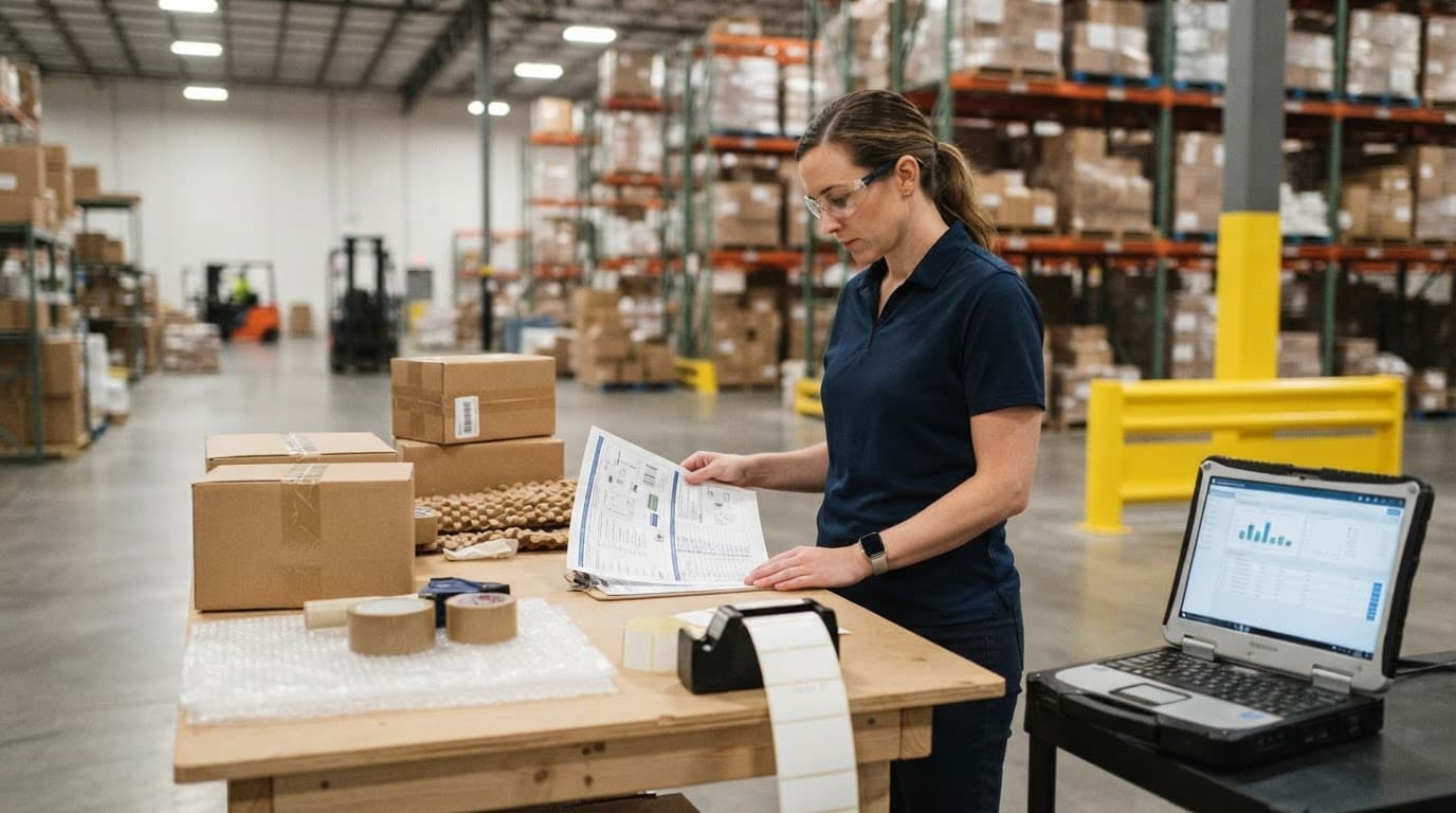 Coordinator reviewing a scope sheet beside cartons, labels, packing supplies, and a laptop.