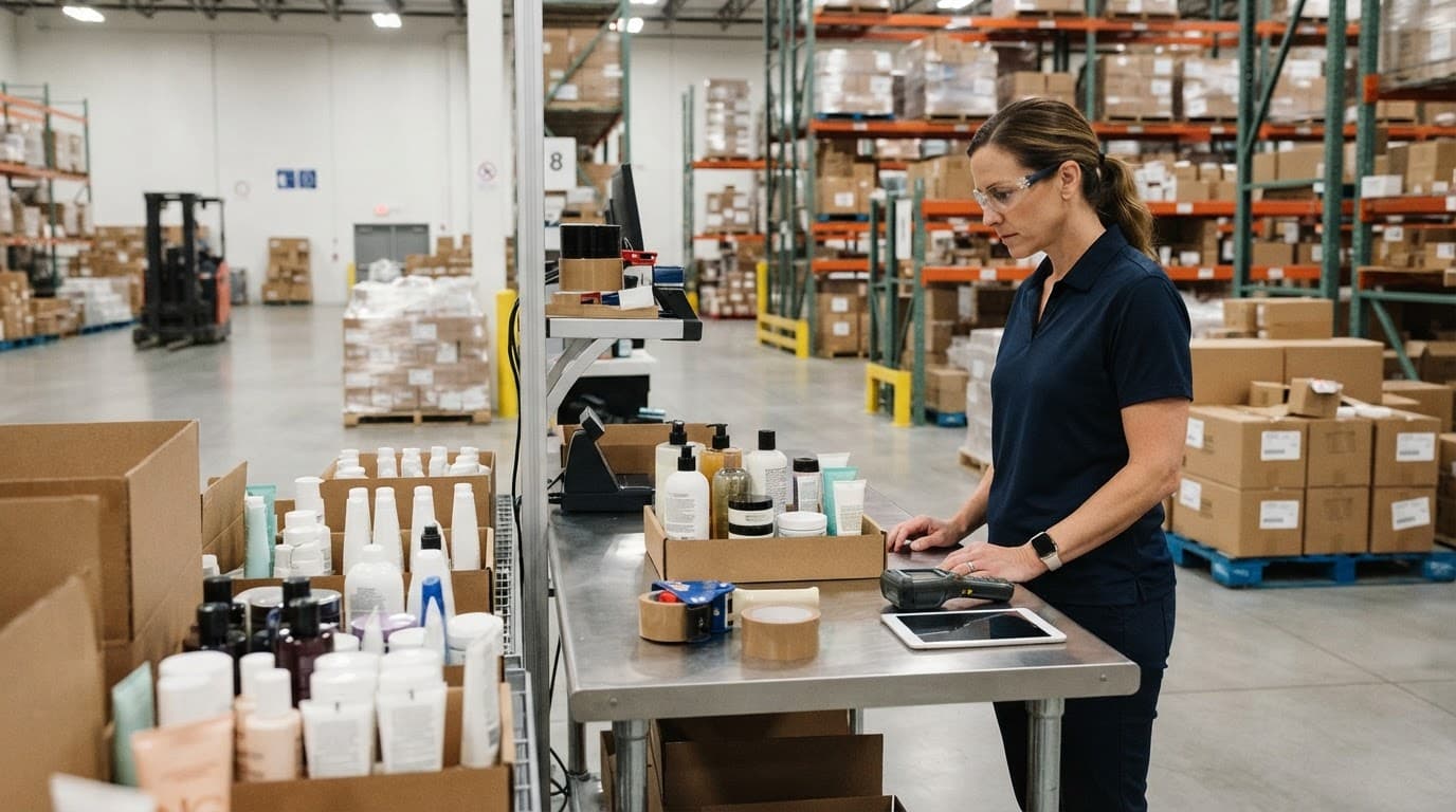 A warehouse worker reviews packaged beauty products beside shipping cartons.
