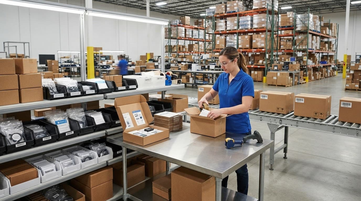One worker arranges kits, packaging supplies, cartons, and a barcode scanner in a warehouse work cell.