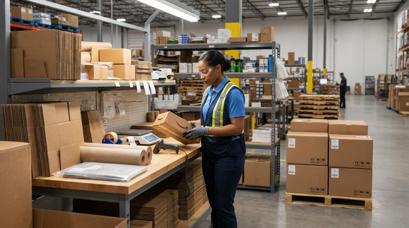 A warehouse worker checks a packaged ecommerce kit beside supplies and shipping cartons.
