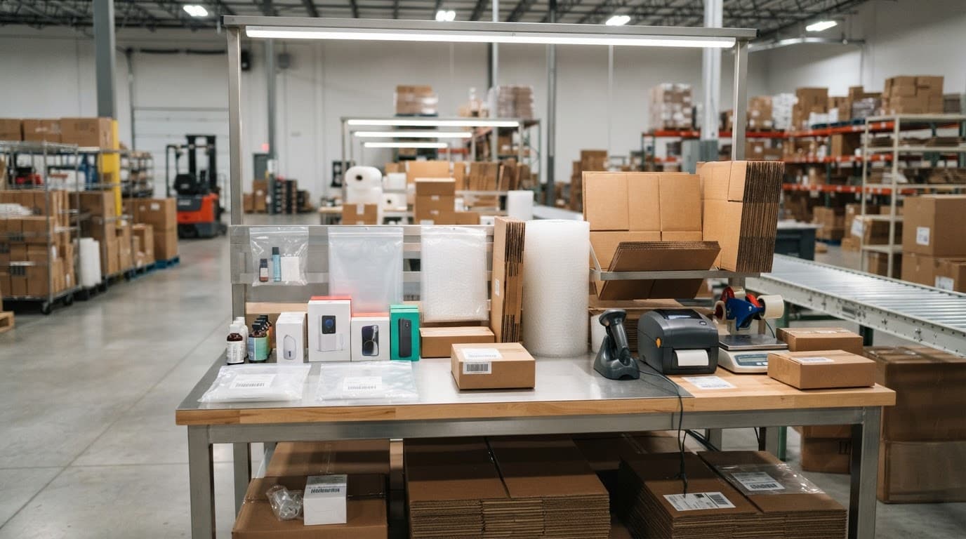 A packaging station with products, cartons, labels, bubble wrap, and a handheld scanner.
